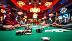 Permainan poker online game yang intens di turnamen dengan pemain perhatian pada kartu mereka