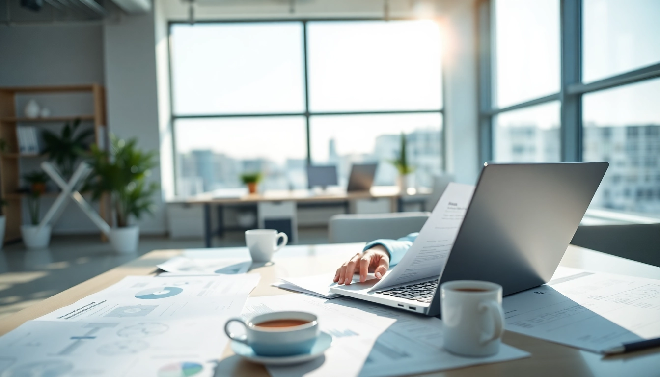 Technical Documentation Services: Professional in a bright office reviewing complex documents.