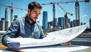 Engaged New York Construction Manager reviewing blueprints on a busy construction site.