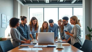 Engaged team discussing strategies for a cheap smm panel in a bright office setting.