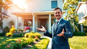 Showcase real estate agent promoting a beautiful home in a vibrant neighborhood.