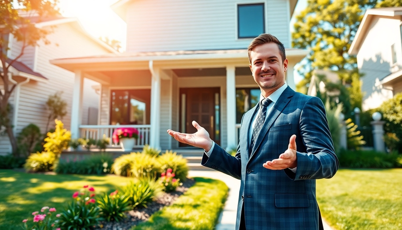 Showcase real estate agent promoting a beautiful home in a vibrant neighborhood.