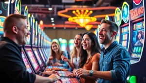 Menampilkan keseruan bermain di situs slot gacor dengan pemain yang ceria dan mesin slot berkualitas tinggi.