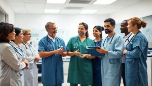 Health professionals actively collaborating in a healthcare setting, promoting teamwork.