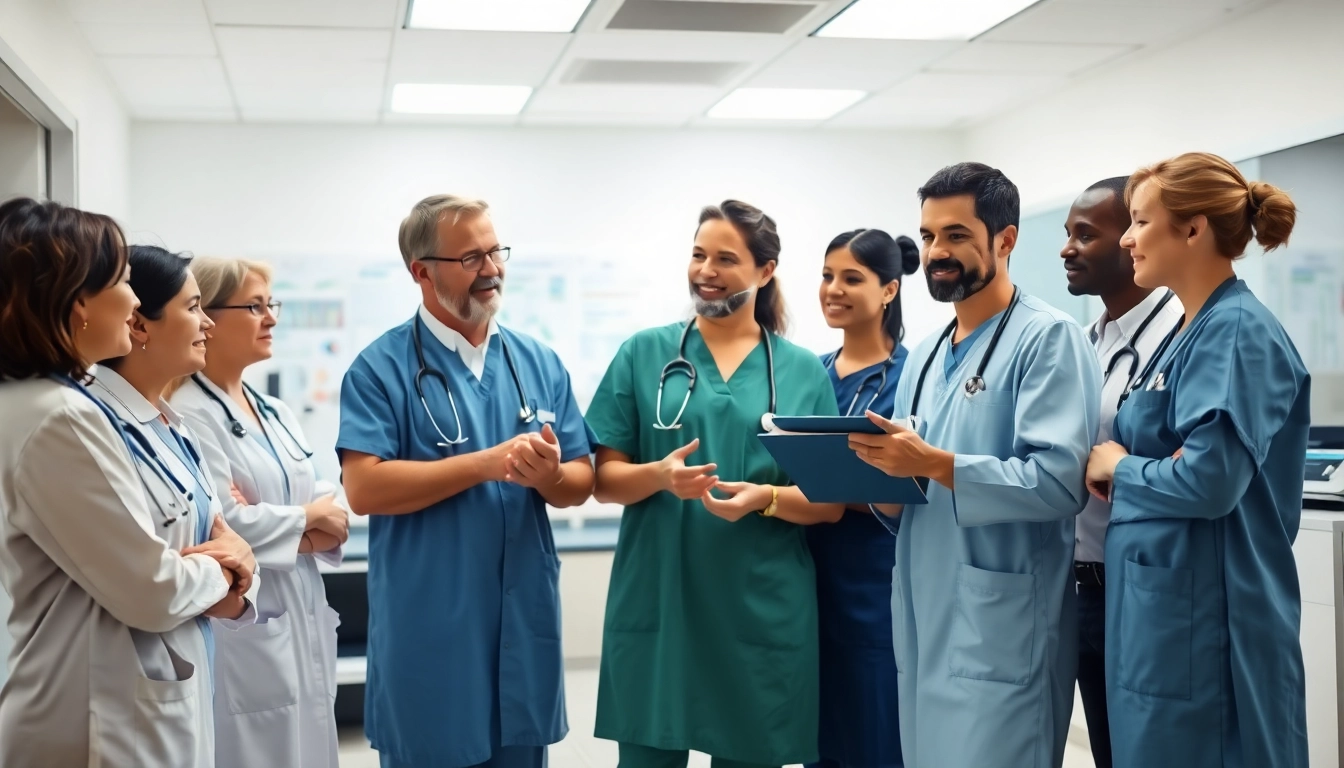 Health professionals actively collaborating in a healthcare setting, promoting teamwork.