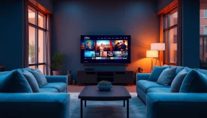 View the vibrant interface of iron tv pro on a modern living room TV.