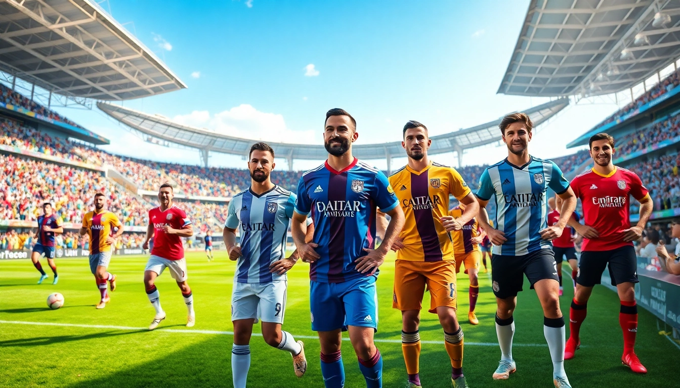 Showcase of vibrant team football kits worn by players during an exciting soccer match.