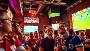 스포츠중계를 즐기는 다양한 팬들이 활기찬 분위기 속에서 큰 화면으로 경기를 관람하는 모습