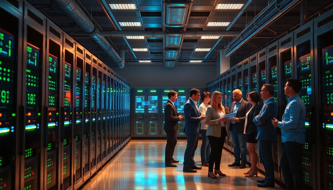 Innovative bitcoin cloud mining facility with modern technology and professionals analyzing data.