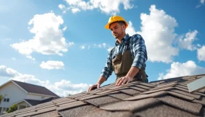 Highlighting high-quality roofing solutions with a professional roofing contractor inspecting a rooftop.