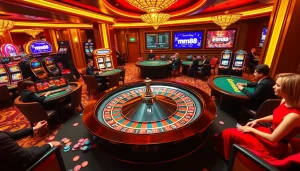 mm88 Casino ambiance with poker players, roulette wheel, and vibrant slot machines.