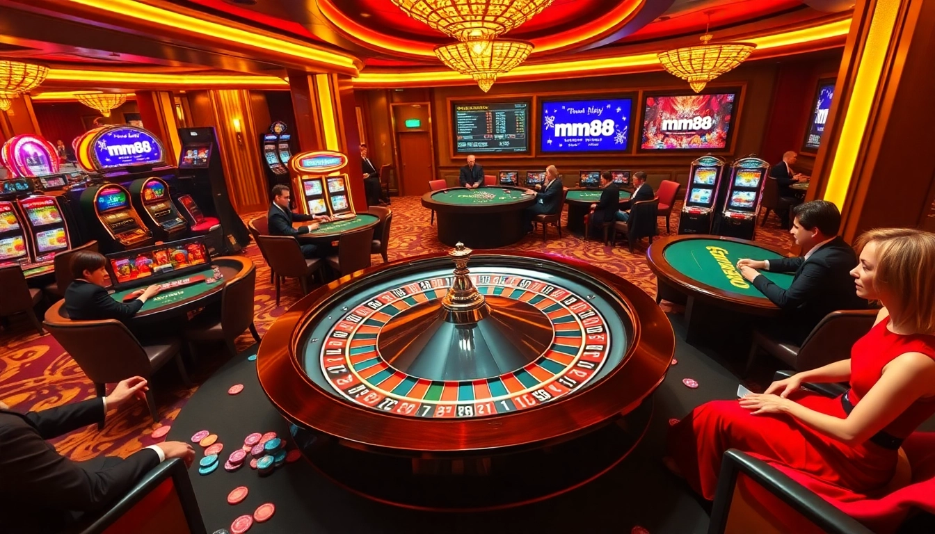 mm88 Casino ambiance with poker players, roulette wheel, and vibrant slot machines.