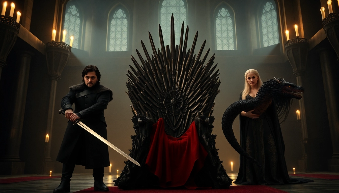 Immerse yourself in the world of the game of thrones cast featuring iconic characters around the Iron Throne.