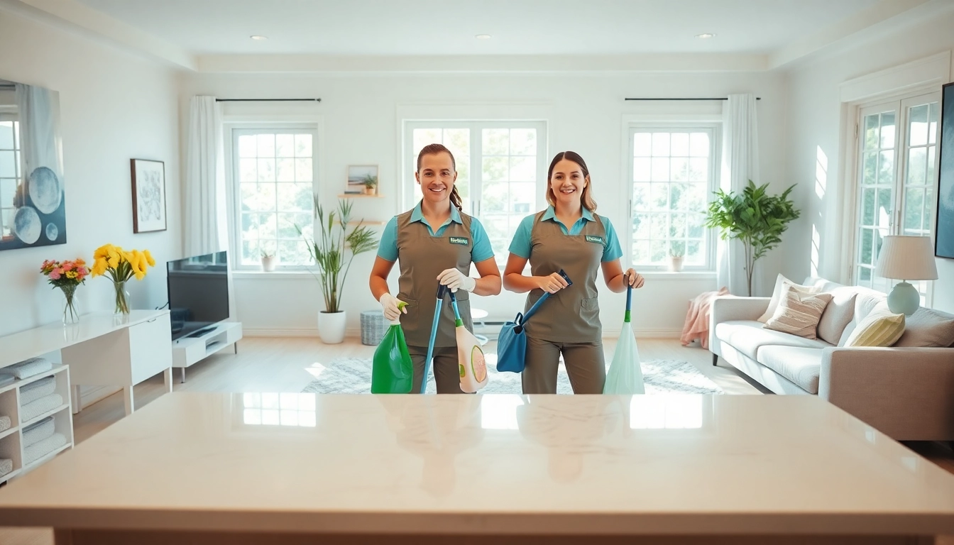 Transform your space with a professional Cleaning Service, showcasing a team in action and a spotless living room.