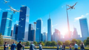 Innovative Technology in a vibrant cityscape depicting drones and smart devices.