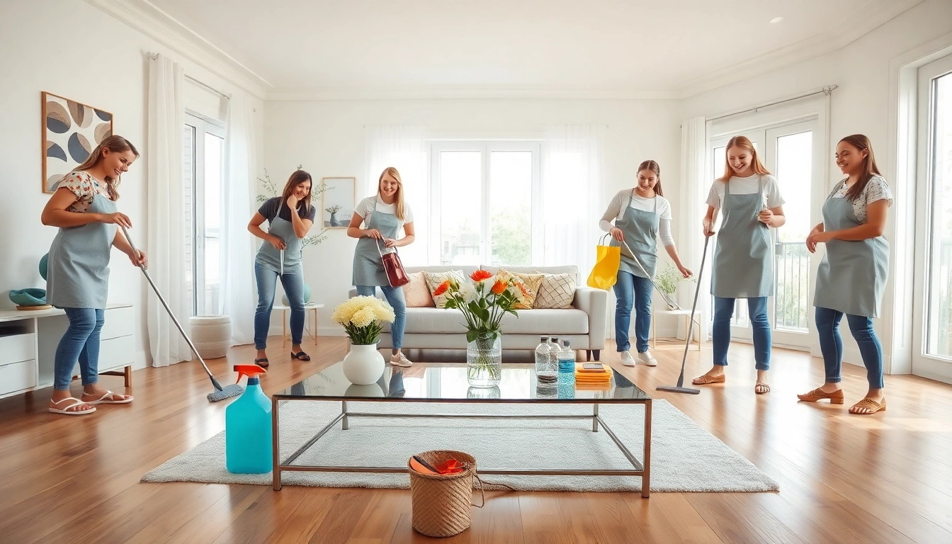 Team providing a Cleaning Service in a bright, modern home setting with cheerful professionals.