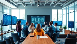 Enhancing virtualization Fredericksburg with a modern office team collaborating on server strategies.