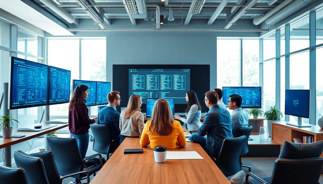 Enhancing virtualization Fredericksburg with a modern office team collaborating on server strategies.