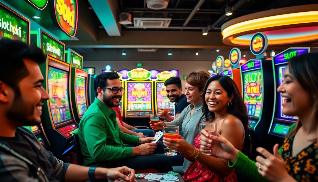 Engaging scene featuring diverse players enjoying slot hoki games at colorful machines.