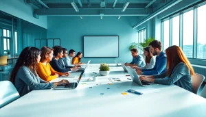 Dynamic team collaboration at a công ty thiết kế website meeting, showcasing innovative web design.