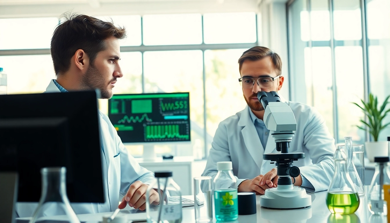 WIN55 research in a modern lab with scientists analyzing synthetic cannabinoids.