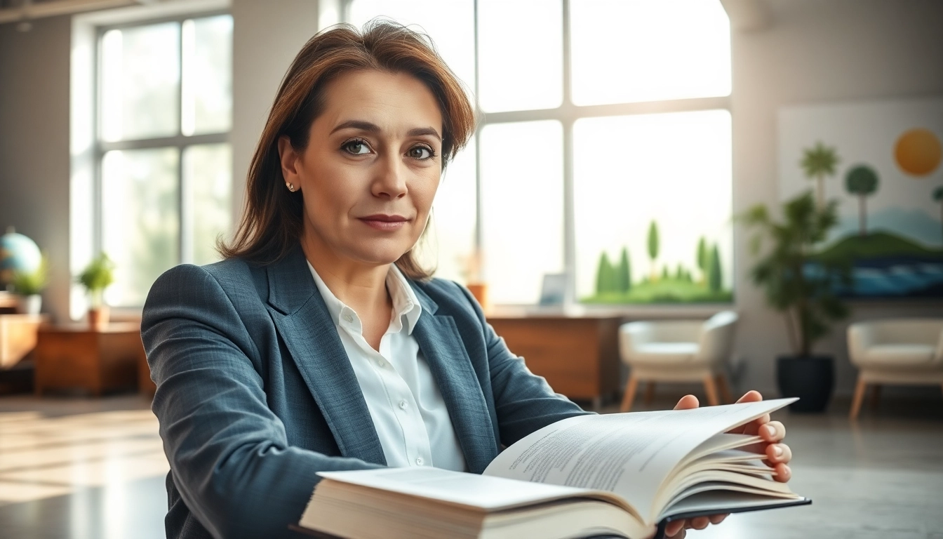 Environmental lawyer reviewing vital documents in a bright office space, symbolizing commitment.