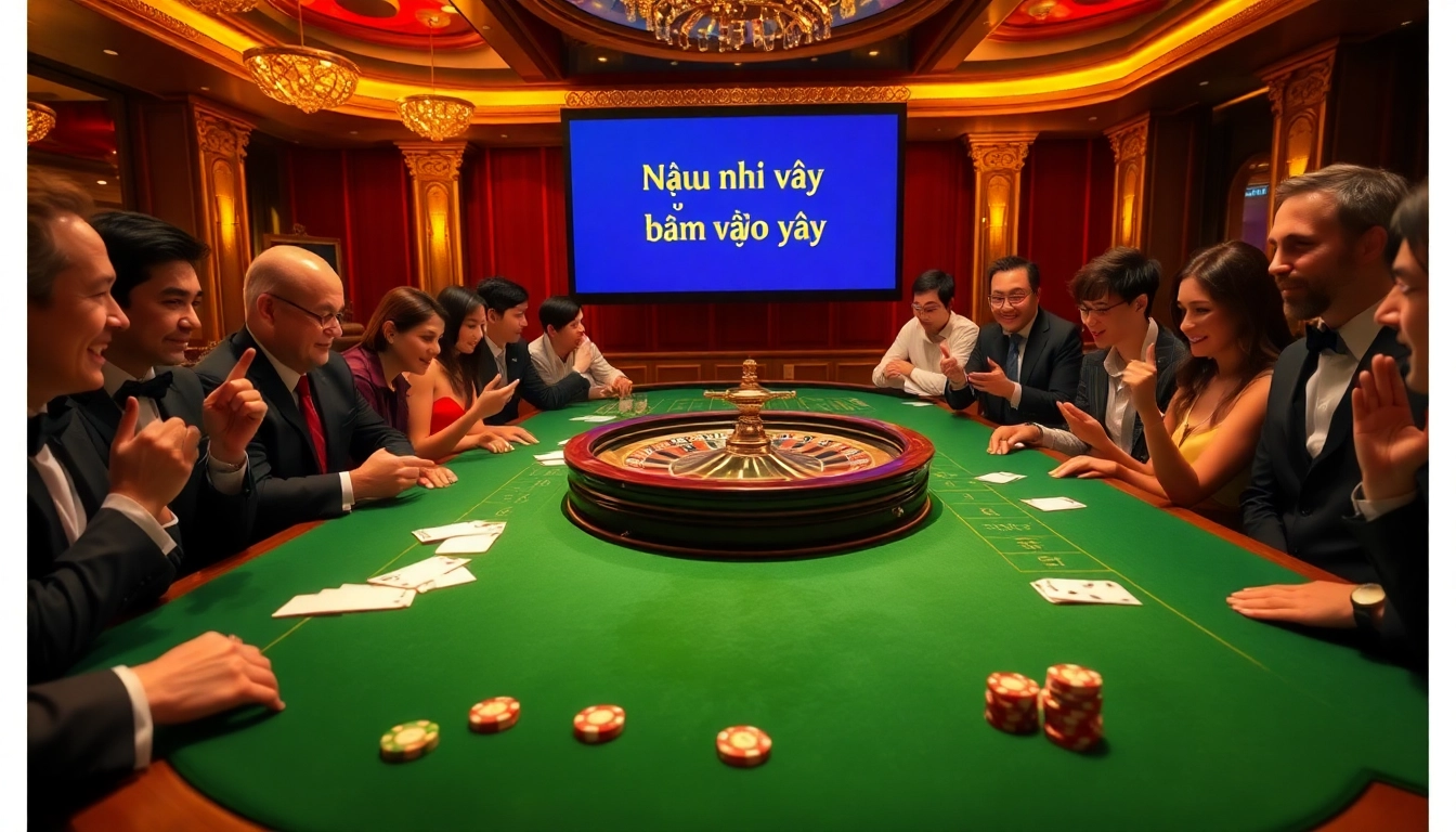 Experience the thrill of casino gaming as players engage around the table, echoing "Nếu như vậy bám vào đây" in their excitement.