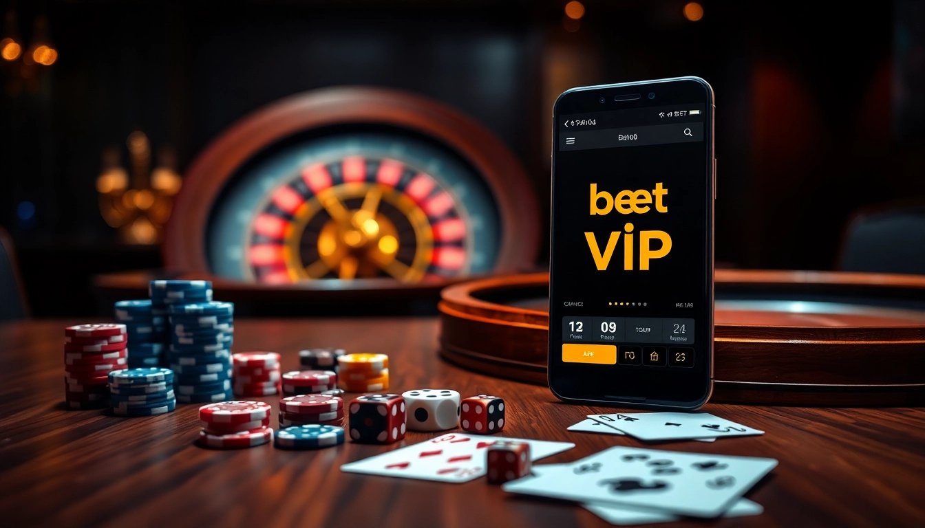 Lối chơi thú vị với ứng dụng Bet VIP được trình diễn trên bàn casino sang trọng, trang trí bằng chip và bài.