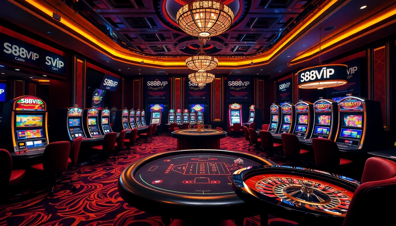 Experience the excitement at S88VIP online casino with luxurious gaming tables and vibrant slot machines.