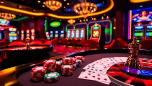 Experience the thrill of 상품권소액결제 at a luxurious casino scene with poker chips and roulette wheel.