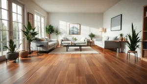 Carrelage imitation parquet posé dans un salon élégant.