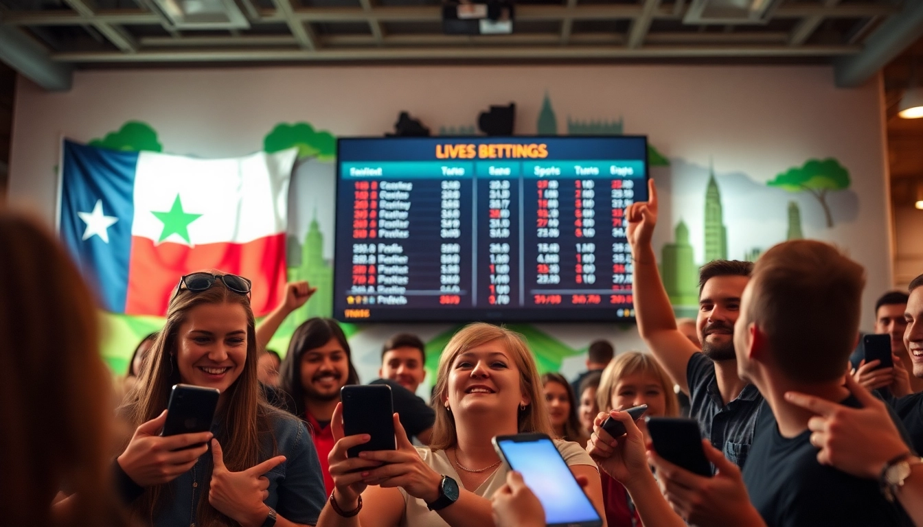 Engaged bettors in Texas sports betting celebrate a winning moment with digital devices.