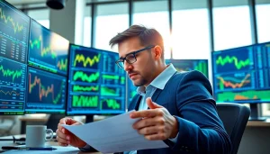 Analyze xrp news trends with a financial analyst in a high-tech office environment.