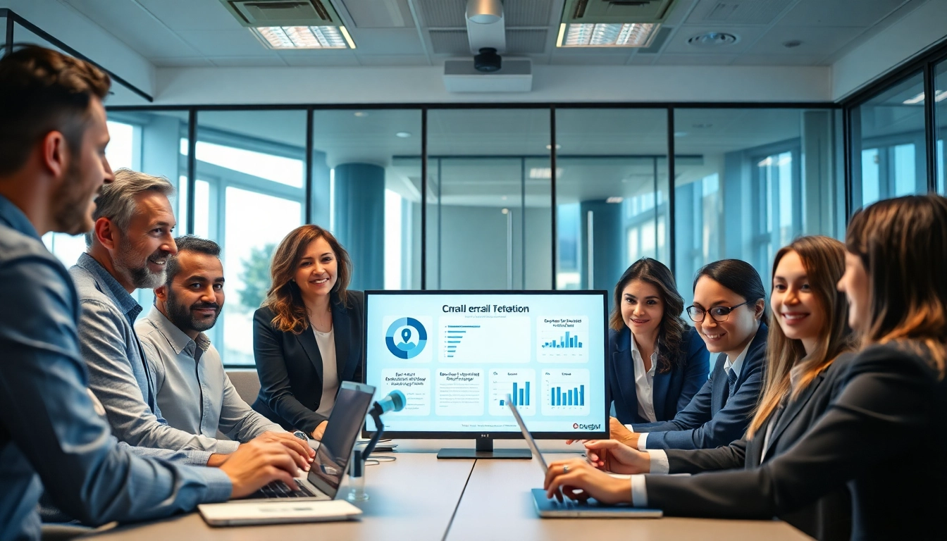 Email verification processes in a modern office setting with professionals engaged in collaborative discussions.