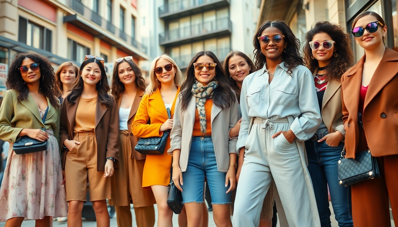 Stylish women showcasing the latest women's fashion wear in a vibrant urban setting.
