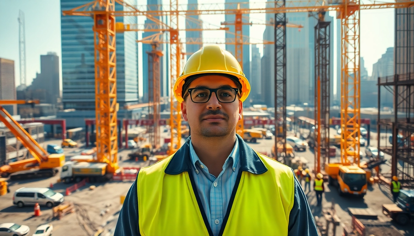 New York City Construction Manager supervising a bustling construction site filled with activity.