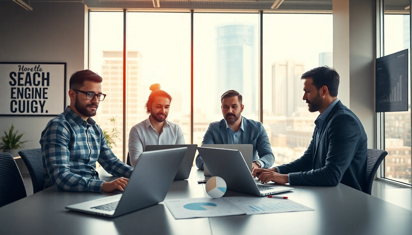 Edmonton SEO team performing data analysis on marketing strategies in a modern office.