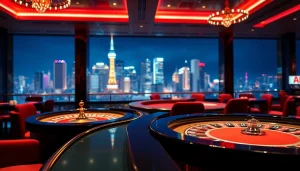 Experience the thrill of gaming at the best online casinos Canada with vibrant tables and city skyline.