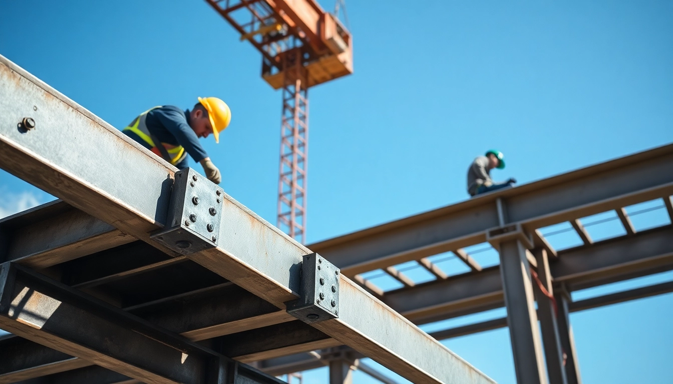 Workers performing structural steel installation at a construction site with safety gear.