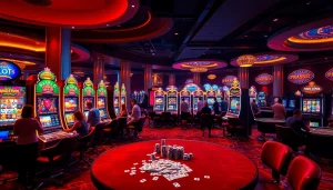 A thrilling slot machine scene highlighting agen toto slot games with excited players in a luxurious casino setting.