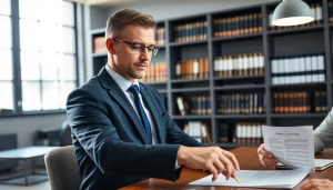 Consulting intellectual property lawyer advising a client in a modern office setting.