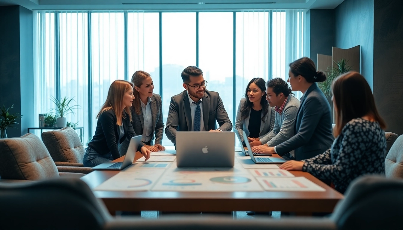 Engaged crisis management consultant collaborating with a diverse team in a bright office.