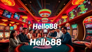 Hello88 online gaming platform promotional scene featuring diverse players enjoying casino games.