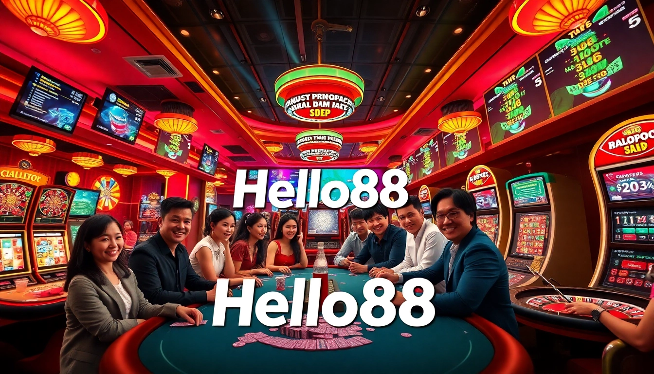 Hello88 online gaming platform promotional scene featuring diverse players enjoying casino games.