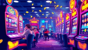 Kode4d exciting gaming scene showcasing vibrant slot machines and players winning.