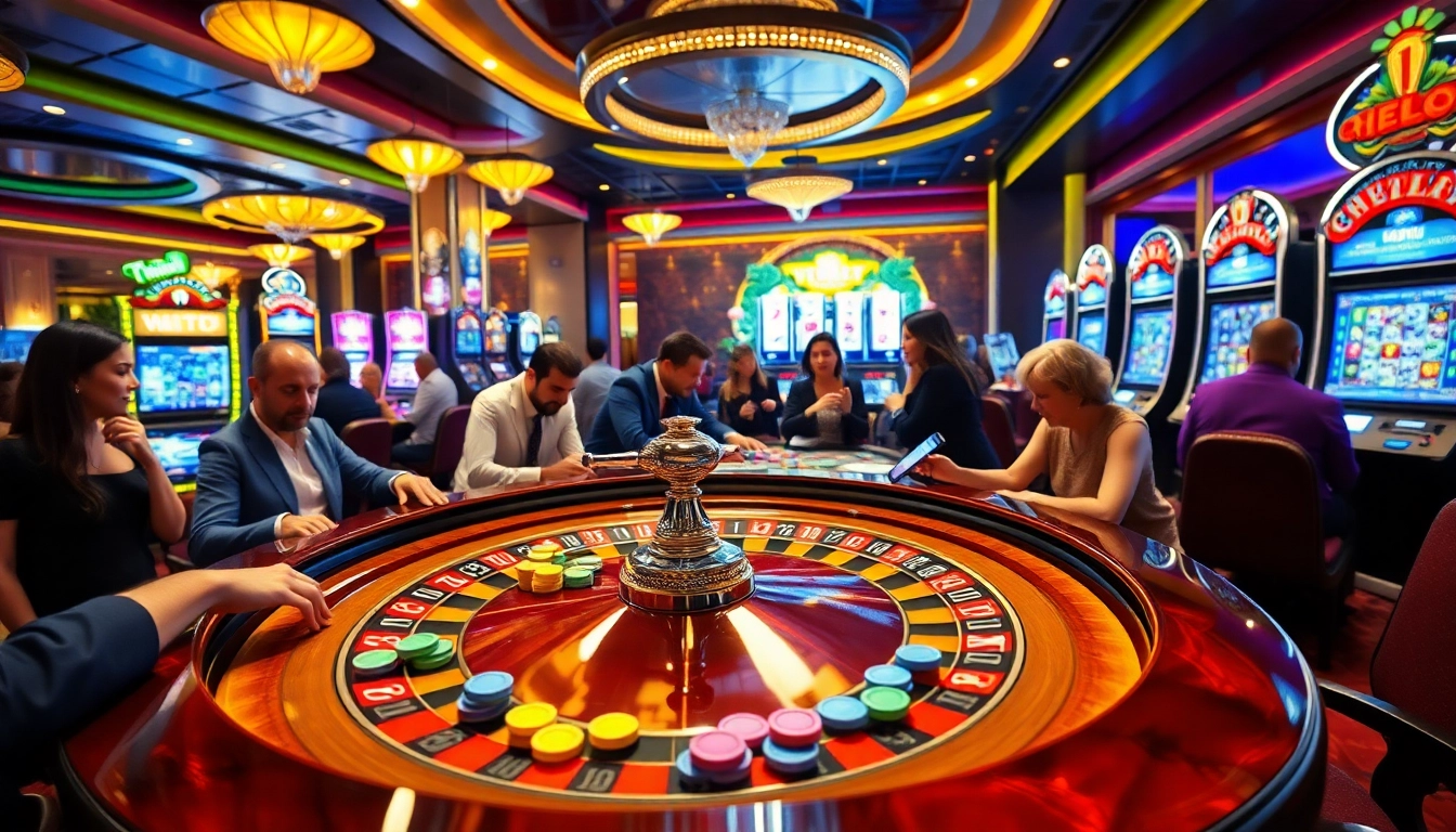 Players enjoying the thrill of birutoto at a vibrant casino roulette table with colorful chips.