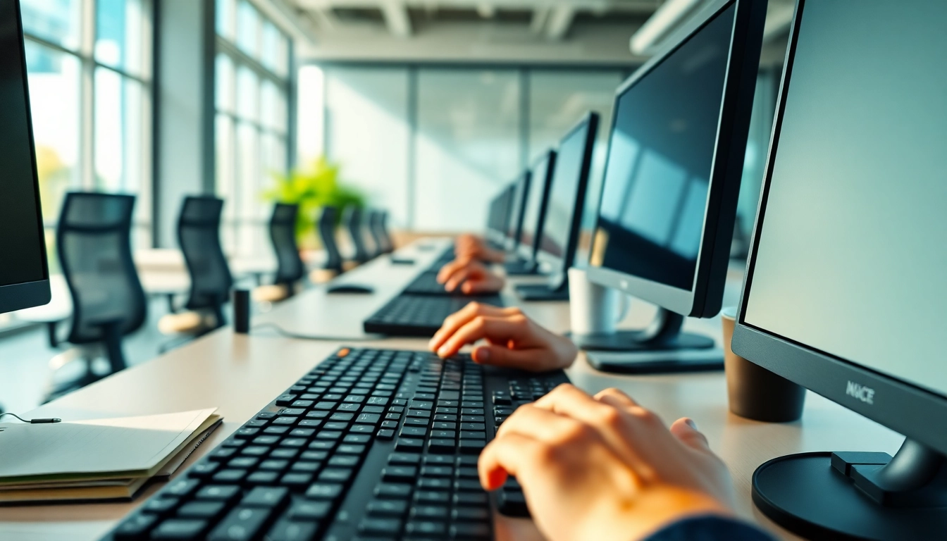 Typing center with ergonomic workstations and focused individuals in a bright, productive office.