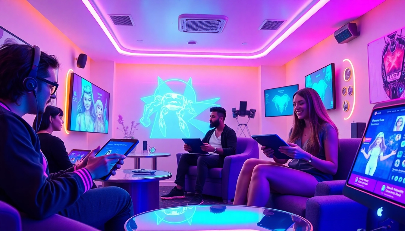 Engaging users explore NSFW AI chatbots in a vibrant, futuristic workspace.
