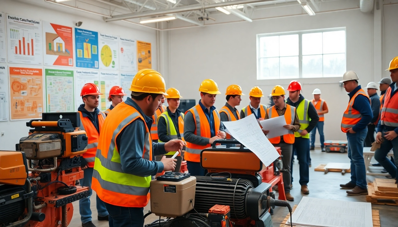 Engaged trainees in construction training programs working with tools and safety equipment.