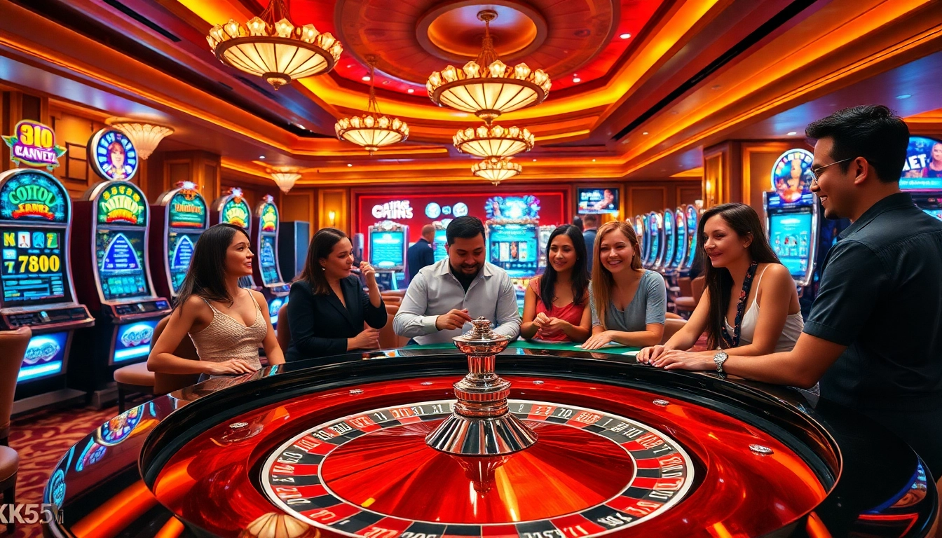 Experience the thrill of gambling at https://kk55.global/ with an engaging casino scene featuring poker and roulette.